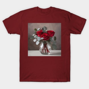 Red Roses and Eucalyptus Leaves in a Glass Vase T-Shirt